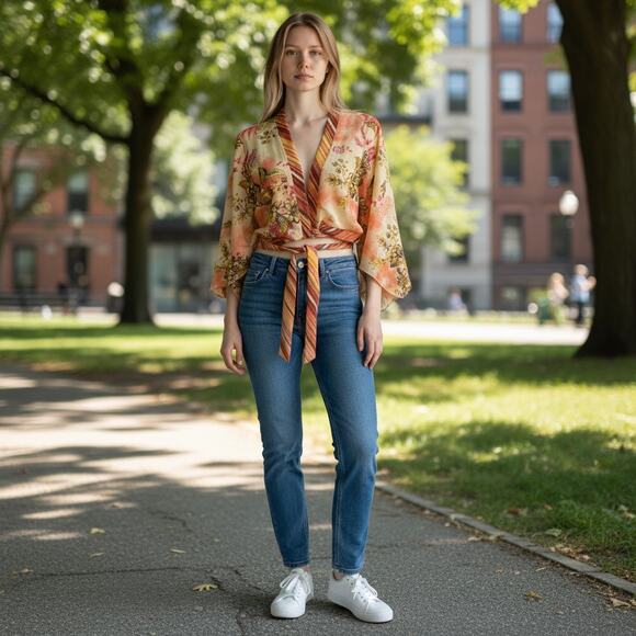 Mix It Tops - Vintage Y2K 2000s Mix It Floral Wrap Tie Flowy Cropped Blouse Crop Top Large